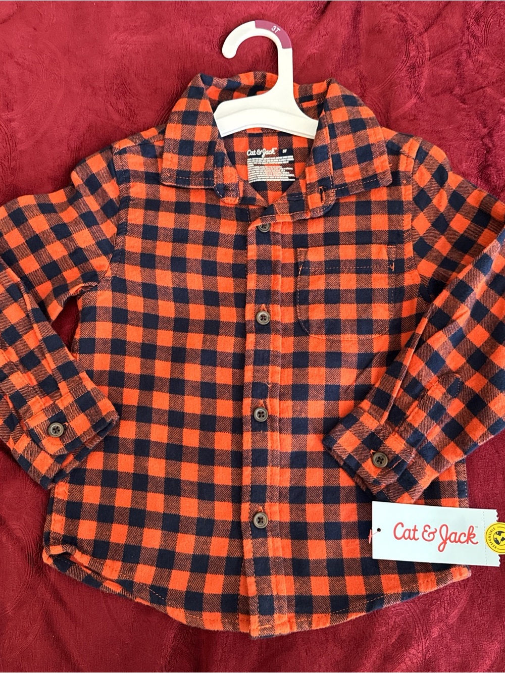 Cat & Jack Orange and Navy Plaid Button-Down Flannel Shirt